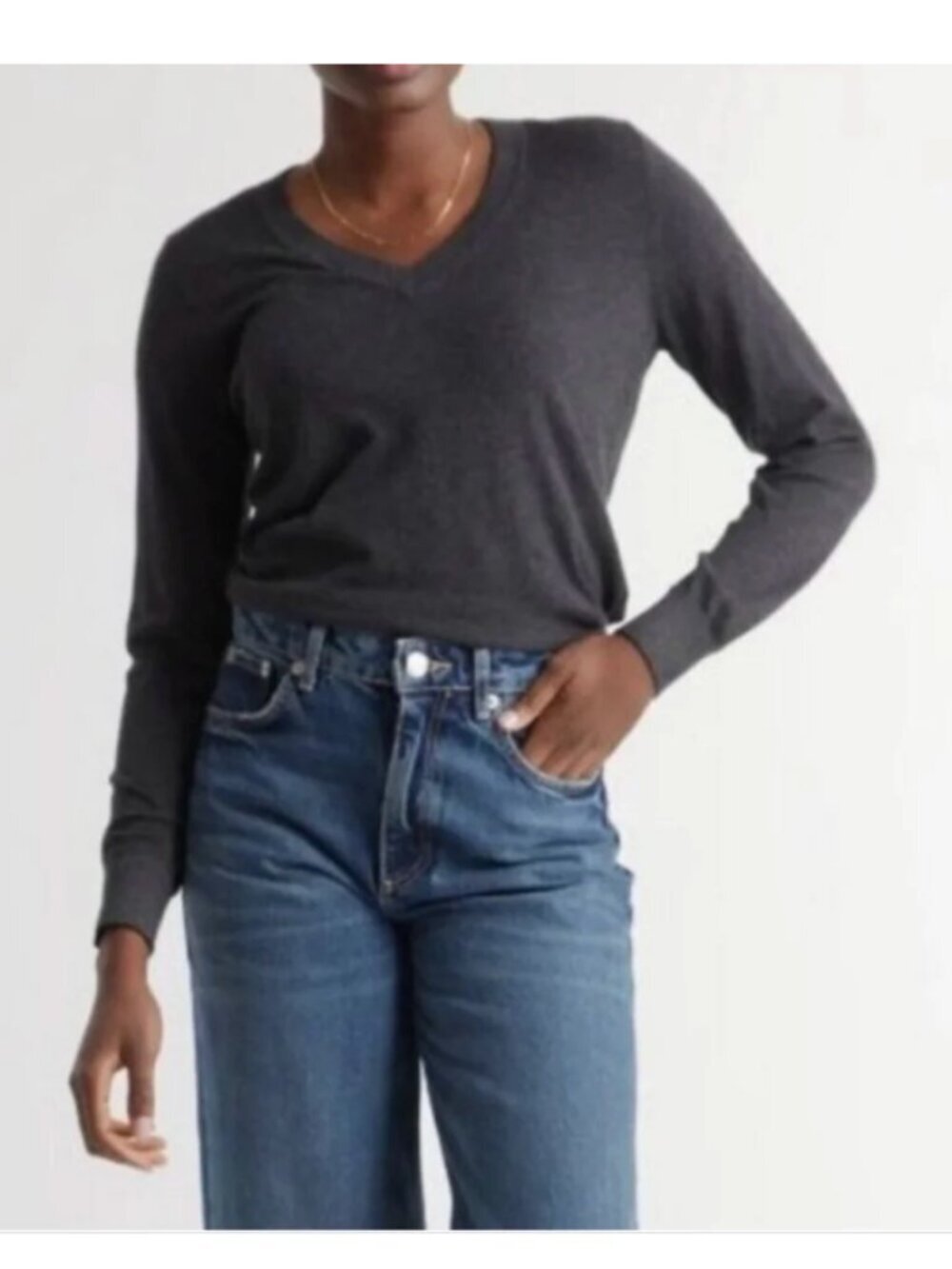 Quince Lightweight Cotton Cashmere V-Neck Sweater L Charcoal Gray Minimalist